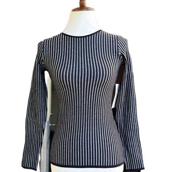 RVN Womens Black Striped Ribbed Long Sleeve Stretch Knit Striped Top  Dash - Picture 12 of 13